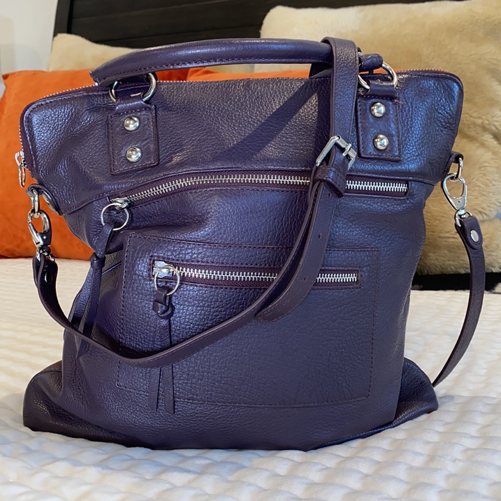 FRANKLIN COVEY Leather Aubergine Crossbody Shoulder Tote Computer iPad Tablet